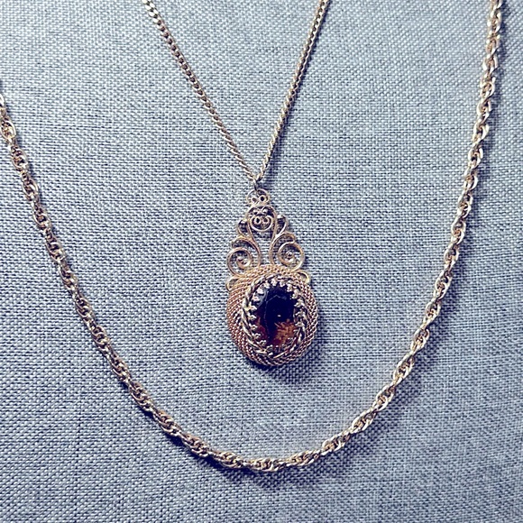 Vintage Pauline Amber Glass Cabochon Multi Chain Pendant Necklace - Picture 4 of 10